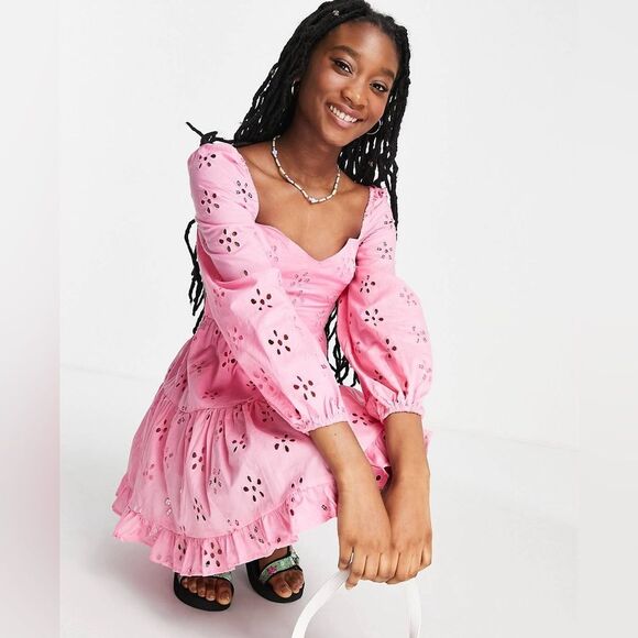ASOS DESIGN Long Sleeve Broderie Tiered Eyelet Mini Skater Dress Women’s 14 - Picture 1 of 13
